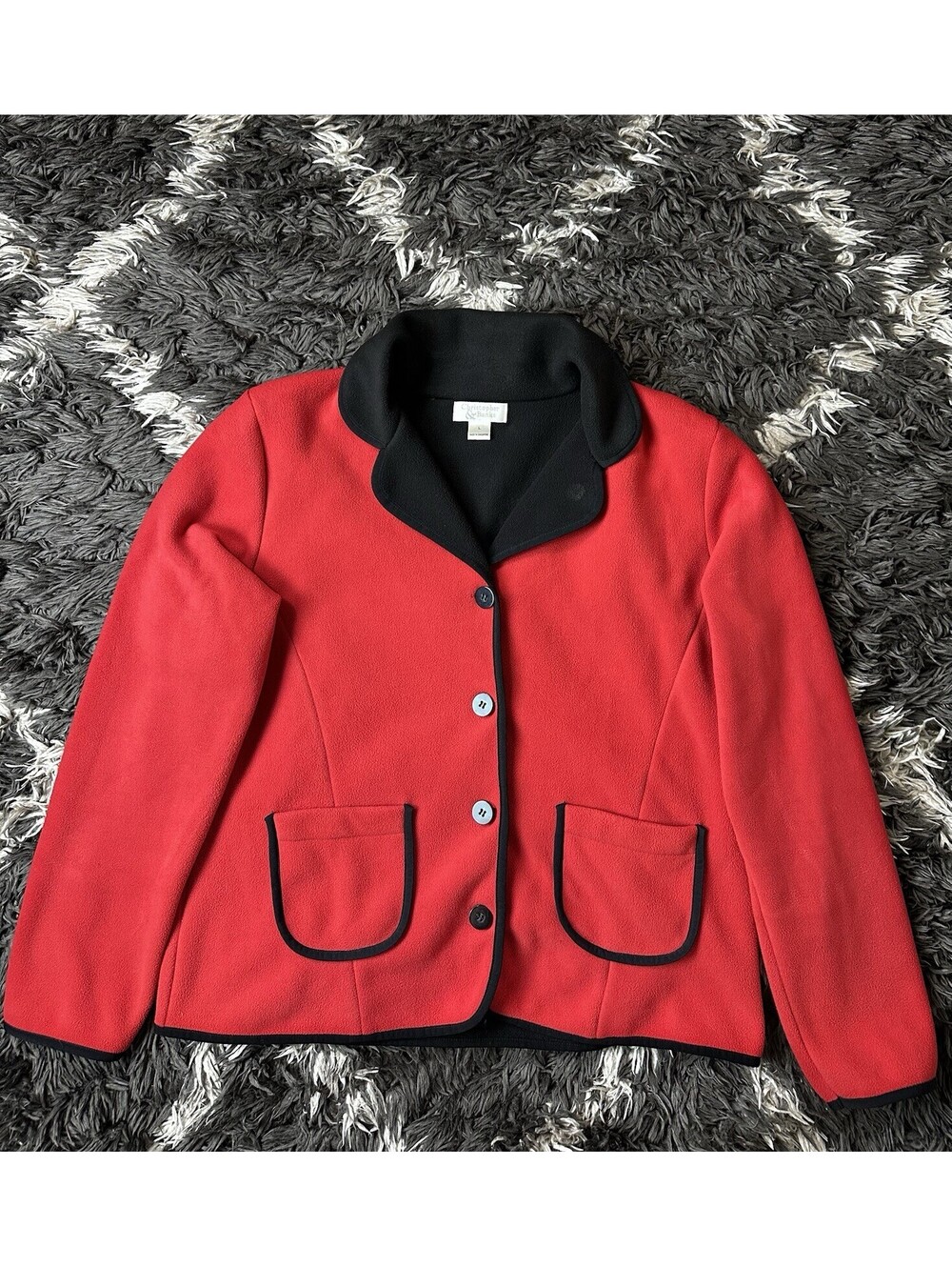 Christopher & Banks Womens Fleece Jacket Button Red Black Collar Size Large